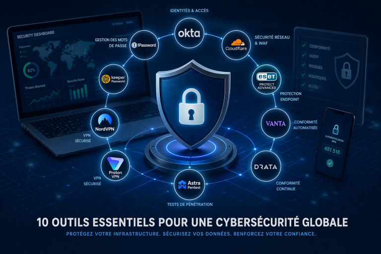 Visuel Cybersécurité 2026 : Les 10 outils vitaux pour protéger votre infrastructure et vos données en entreprise.