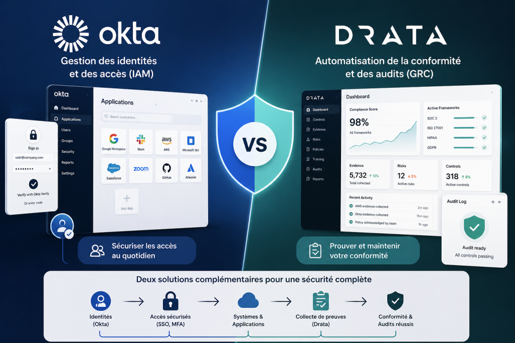 Visuel Okta vs Drata : fonctionnalités, différences et cas d'usage.