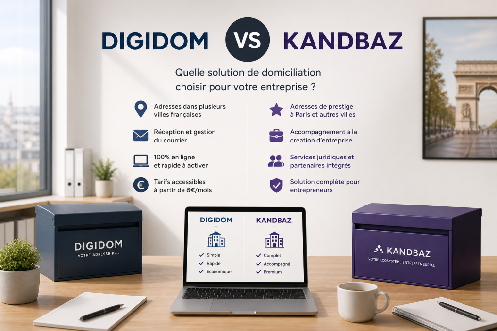 Visuel Digidom vs Kandbaz : fonctionnalités, différences et quel outil choisir pour votre domiciliation ?