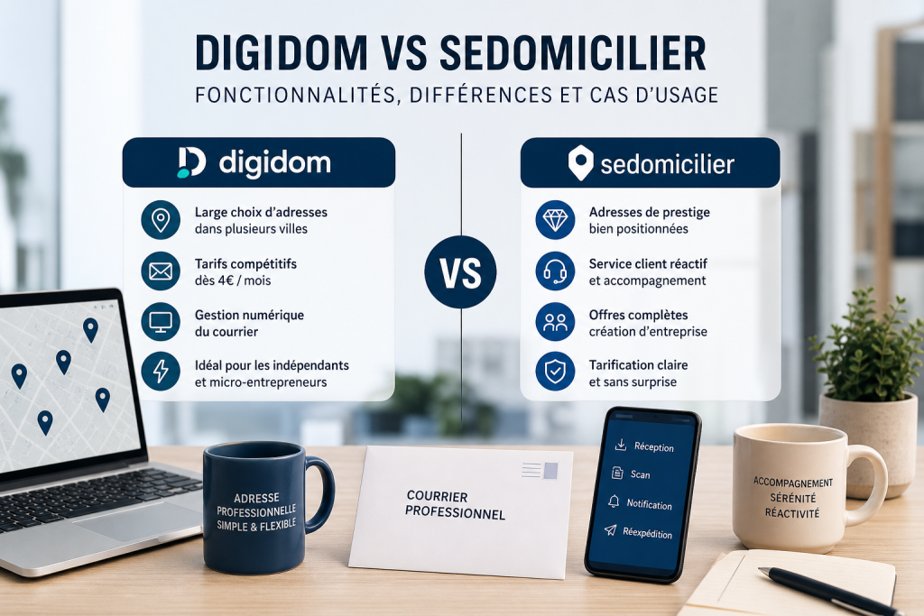 Visuel Digidom vs Sedomicilier : fonctionnalités, différences et cas d'usage.