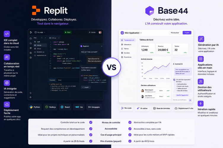 Visuel Replit vs Base44 : fonctionnalités, différences et cas d'usage.